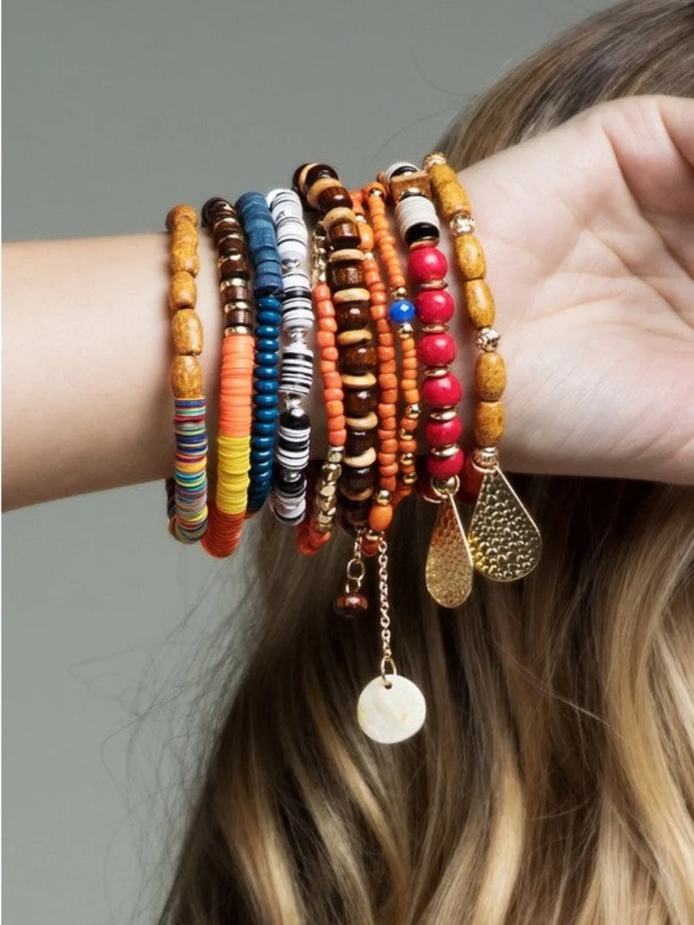 Multicolor Beaded Women’s Bracelet Set with Gold Charms